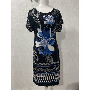 Enfocus Studio Women's Stretch Jersey Black Blue Floral Dress Size 12